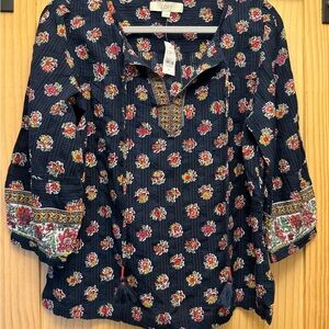 LOFT Dark Blue Blouse with Floral Pattern